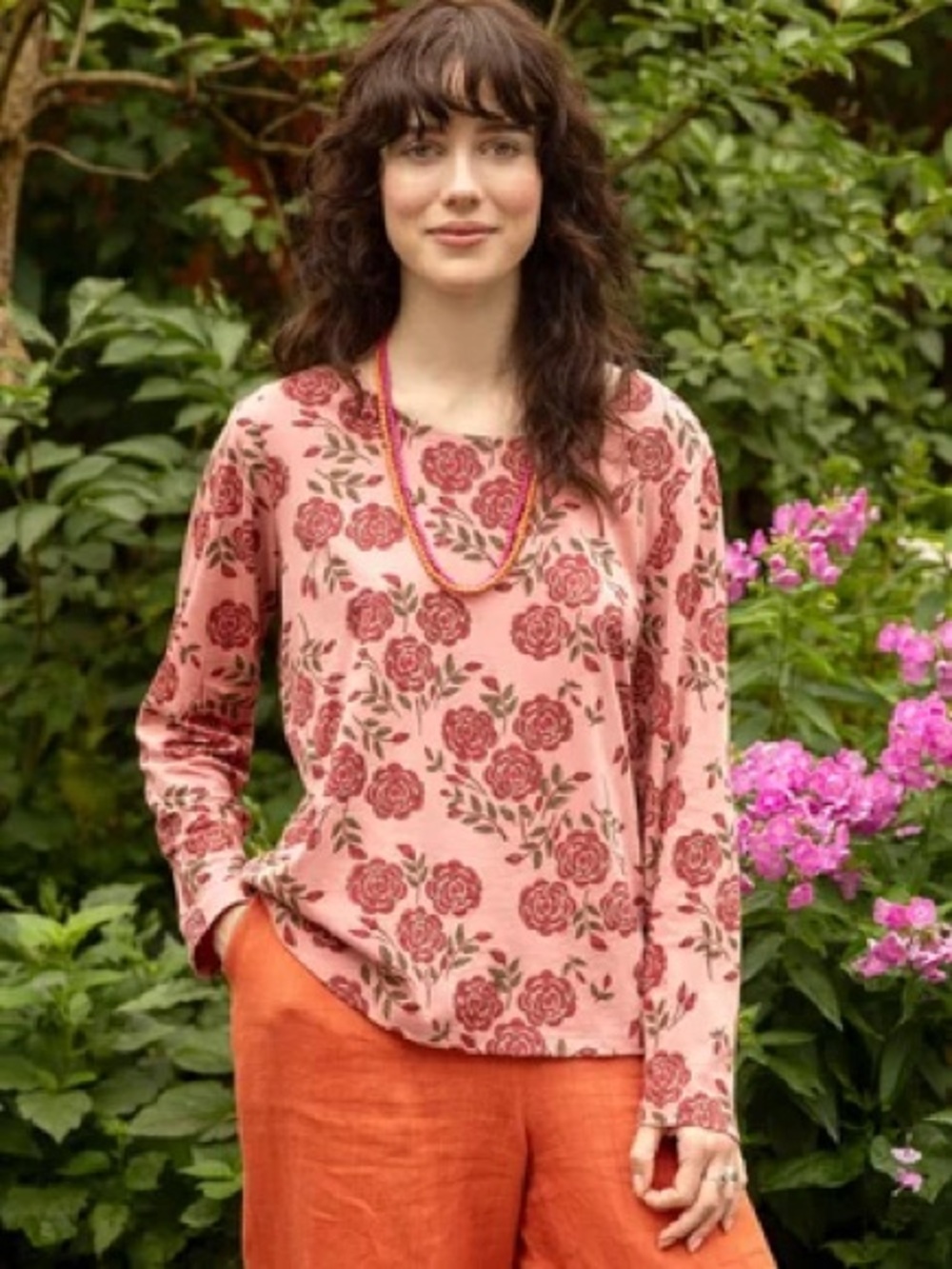 Gudrun Sjoden Women’s Long Sleeve Sabrina Top Cotton Pink Roses - Size Large